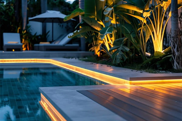 Concealed LED strip light under a pool coping